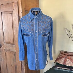 Alan Jackson Western Denim Button Up Shirt Pearl Snap